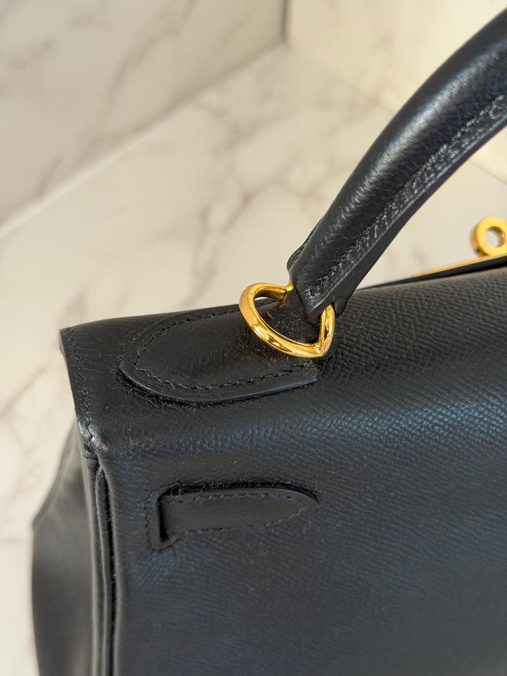 Hermes Noir/Black Epsom Leather GHW Kelly 28 stamp N 2010