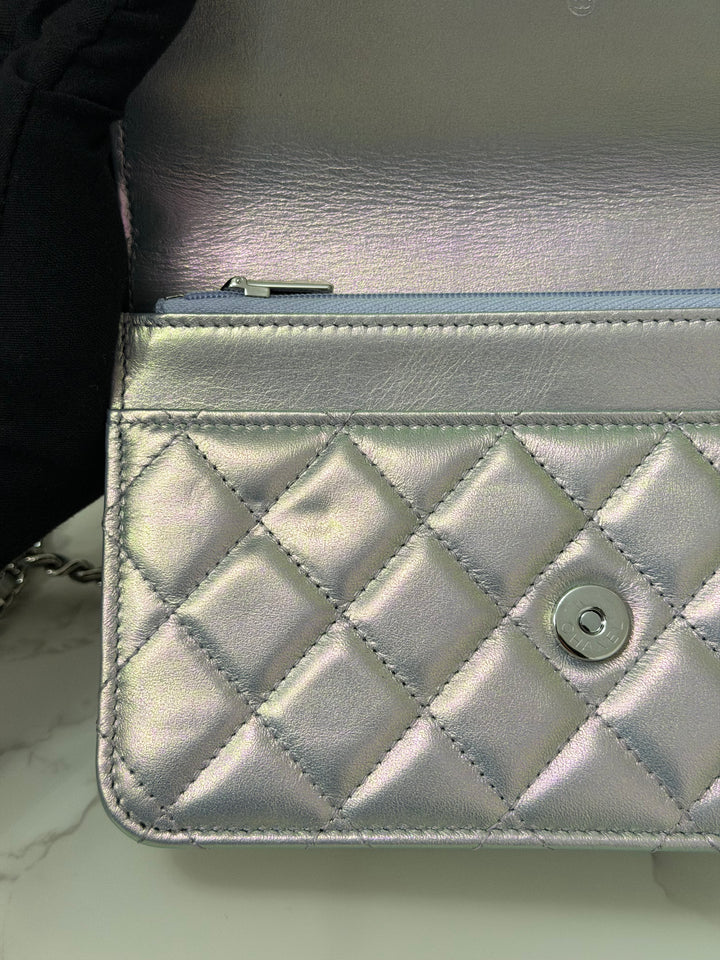 CHANEL 21K Silver Lambskin SHW Classic Wallet On Chain (WOC)