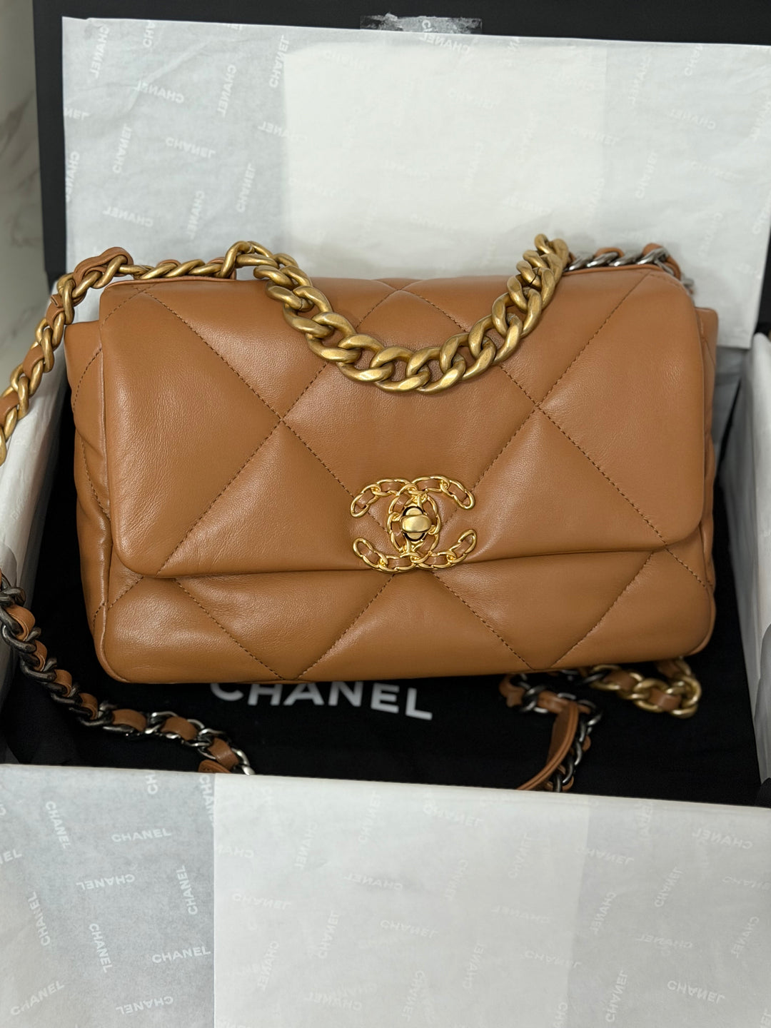 CHANEL Caramel Brown Lambskin Mixed Hardware 19 Size Small Medium Flap bag from 2022