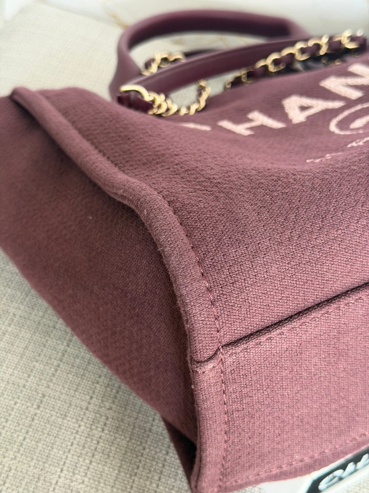 Chanel Burgundy Tweed Deauville Tote with Leather top handle size SMALL 13 inches 2024
