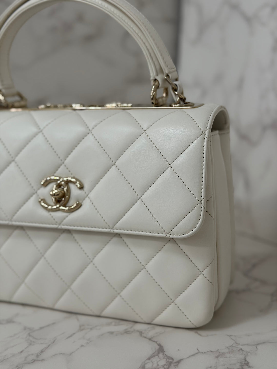 CHANEL 23S collection 2023 White Lambskin LGHW Trendy CC Flap Bag size Small with raised CHANEL Engraved Plate Top Handle