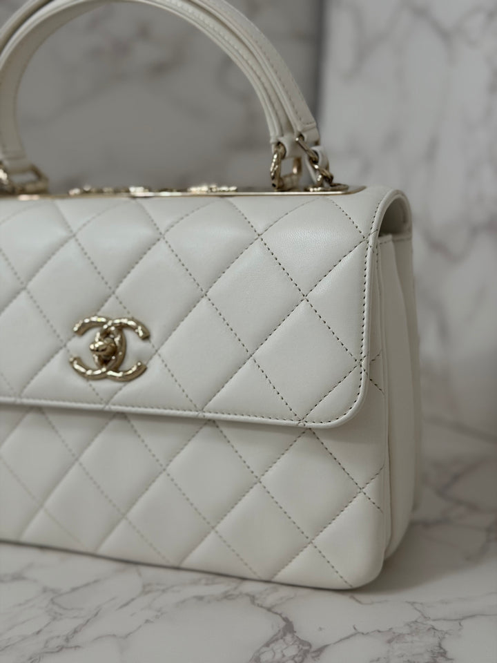 CHANEL 23S collection 2023 White Lambskin LGHW Trendy CC Flap Bag size Small with raised CHANEL Engraved Plate Top Handle
