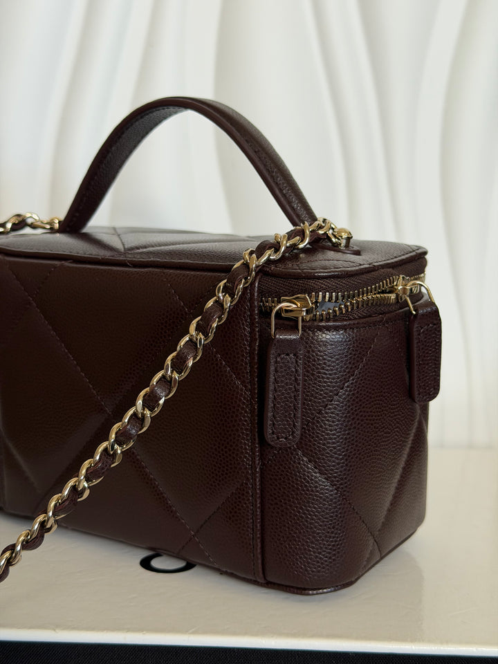 CHANEL 26S Dark Brown Caviar LGHW Small Vanity Case with Top Handle