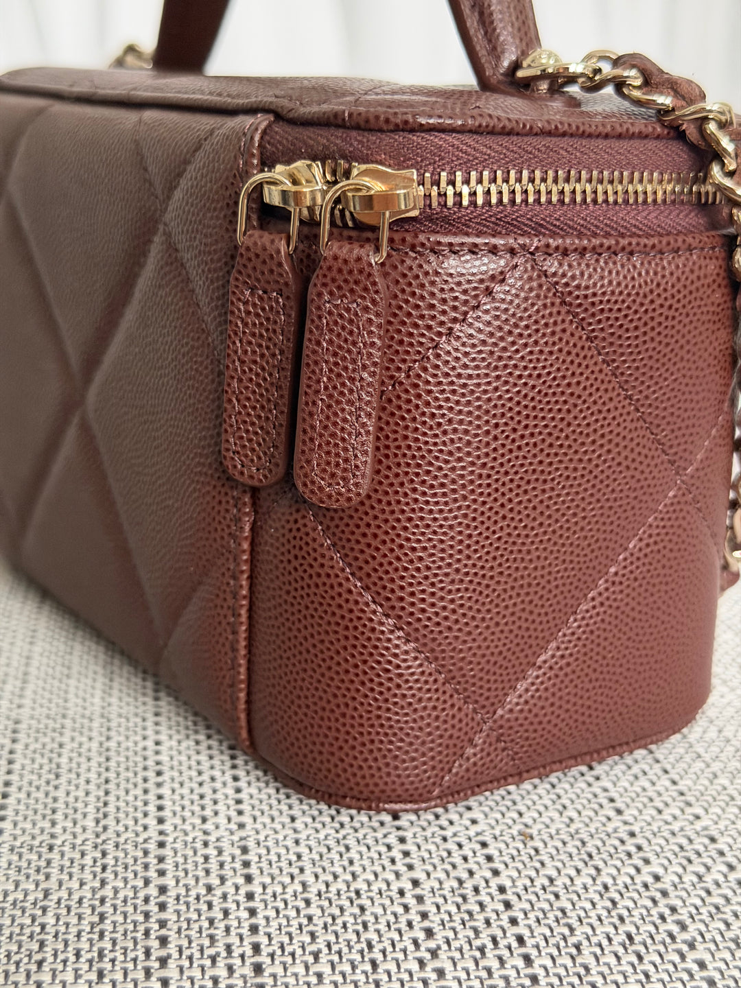CHANEL 25K 2025 collection Brown Caviar LGHW Leather Top Handle Small Vanity with Chain