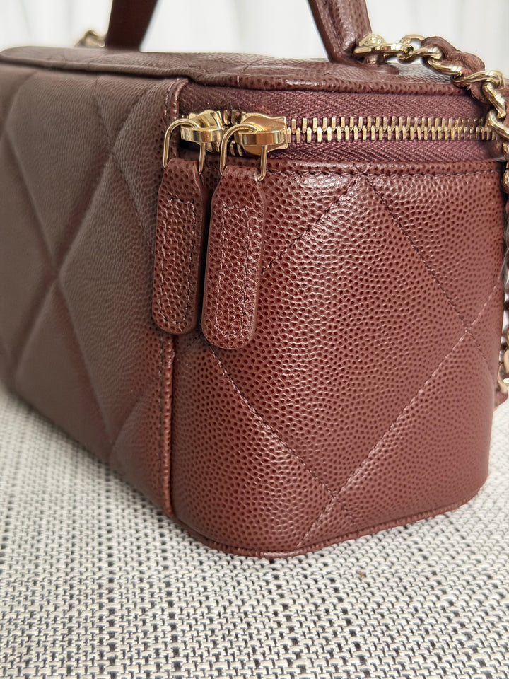 CHANEL 25K 2025 collection Brown Caviar LGHW Leather Top Handle Small Vanity with Chain