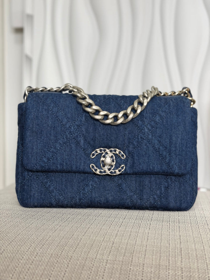 CHANEL 19 size Small Dark Denim SHW Flap Bag with Top Handle