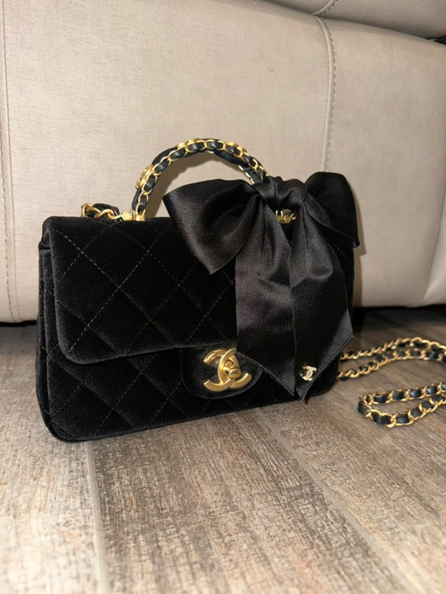 CHANEL 25K Collection 2025 Black Velvet Bow LGHW Mini Rectangular Flap Bag with Metal Top Handle