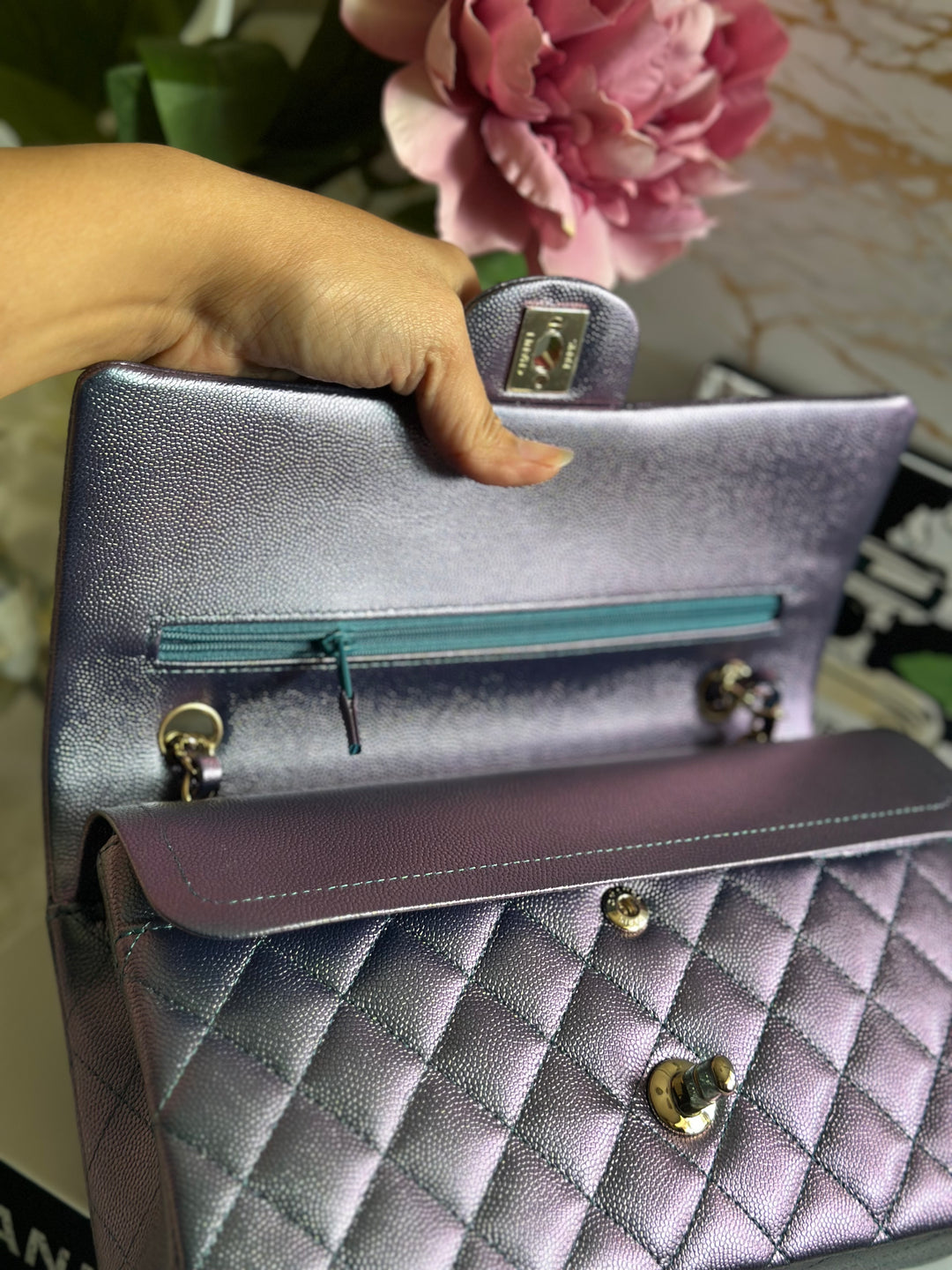 Chanel 22P Iridescent Purple Caviar LGHW Medium ML Timeless Classic Double Flap Bag