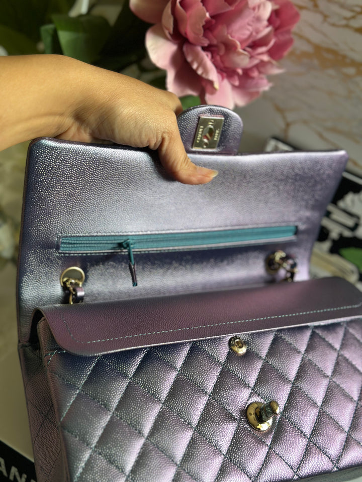 Chanel 22P Iridescent Purple Caviar LGHW Medium ML Timeless Classic Double Flap Bag