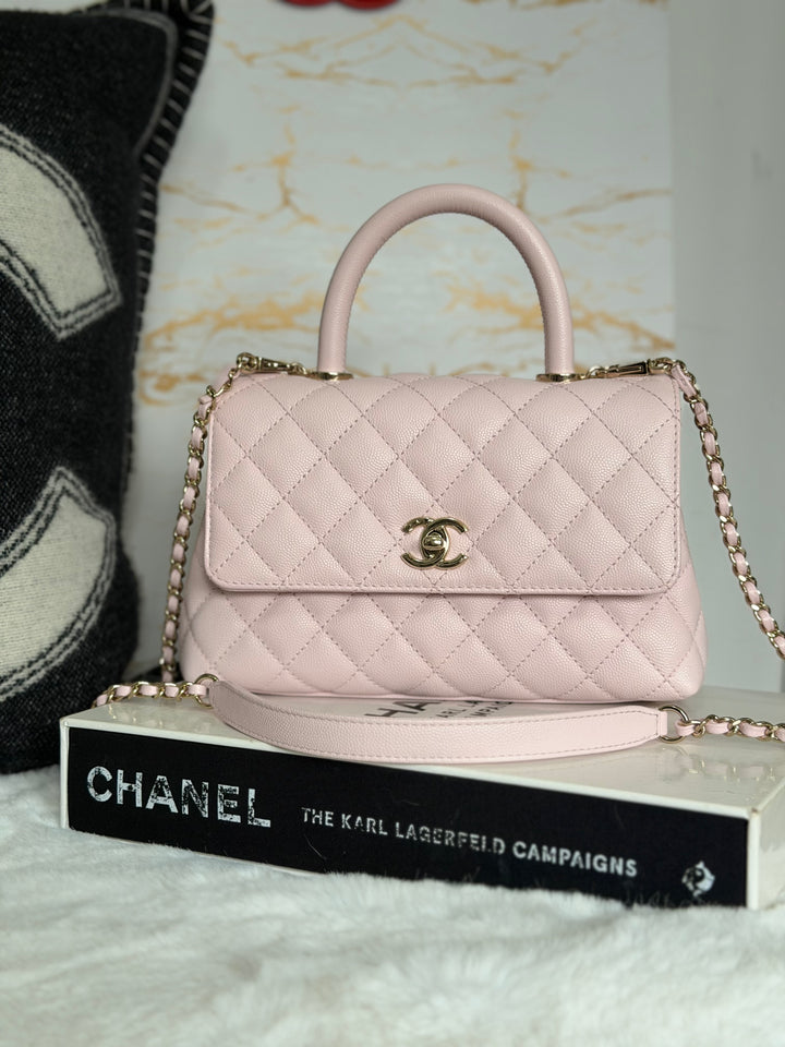 CHANEL 22P Sakura Pink Caviar LGHW Coco Handle Flap Bag with detachable strap 2022 size SMALL