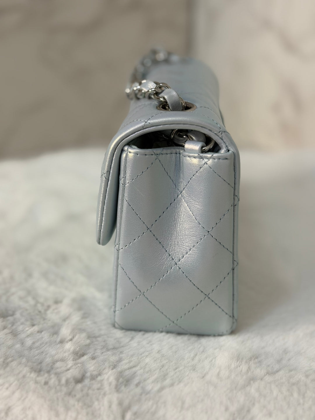 CHANEL 21K 2021 Iridescent light Blue Calf skin SHW Mini rectangular flap bag microchip