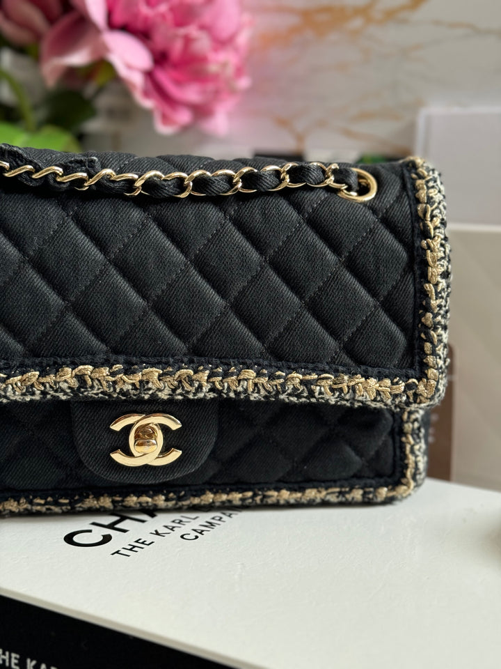Chanel series 26 Black Denim LGHW Braided in Gold/White/Black Medium Flap Bag