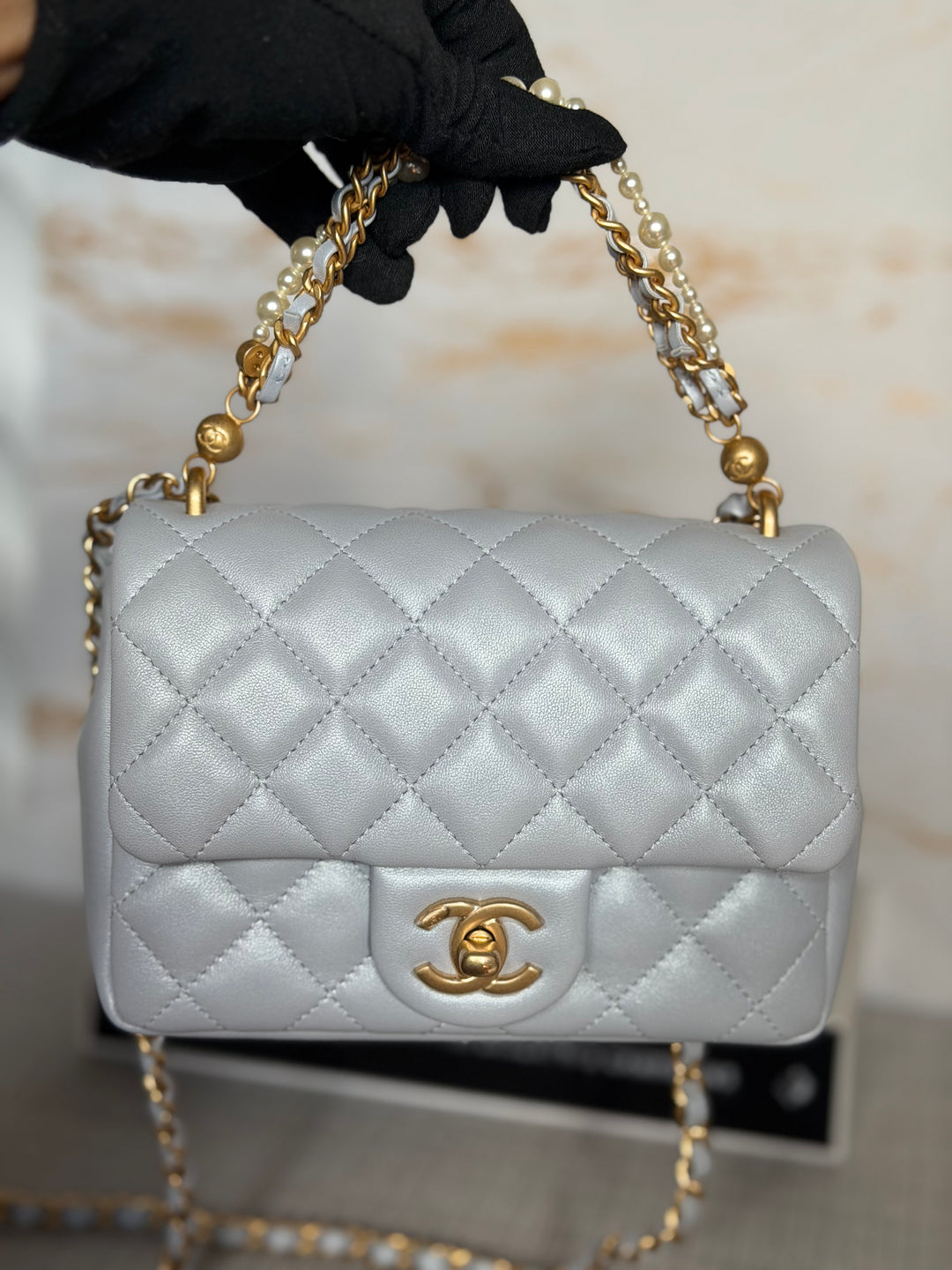 CHANEL Pearl Twist Pearly Light Blue Lambskin Mini Flap Bag 2023
