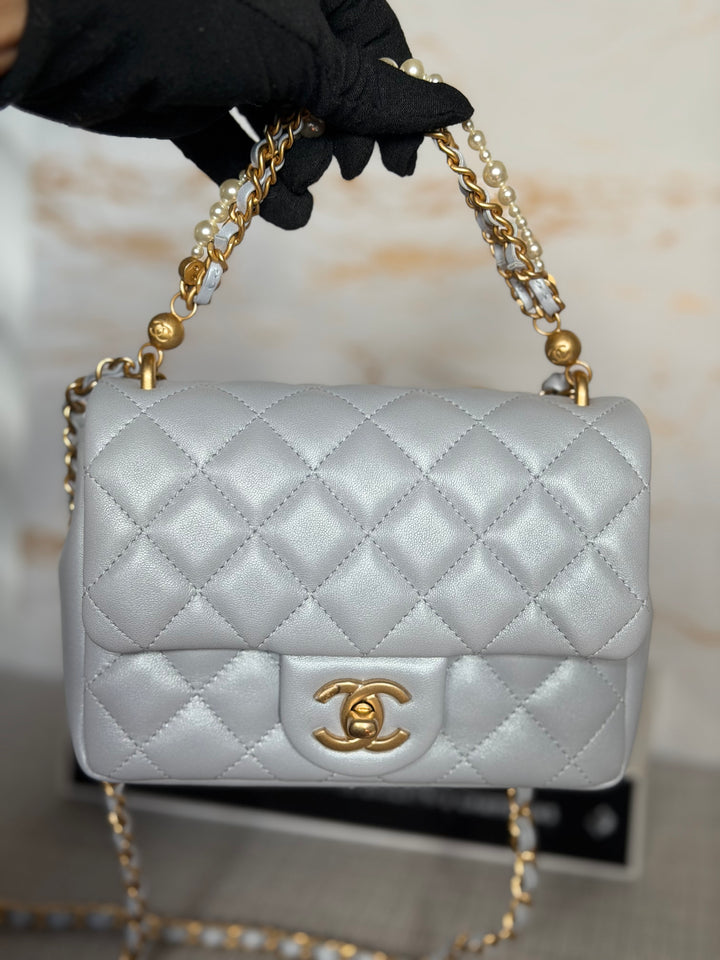 CHANEL Pearl Twist Pearly Light Blue Lambskin Mini Flap Bag 2023