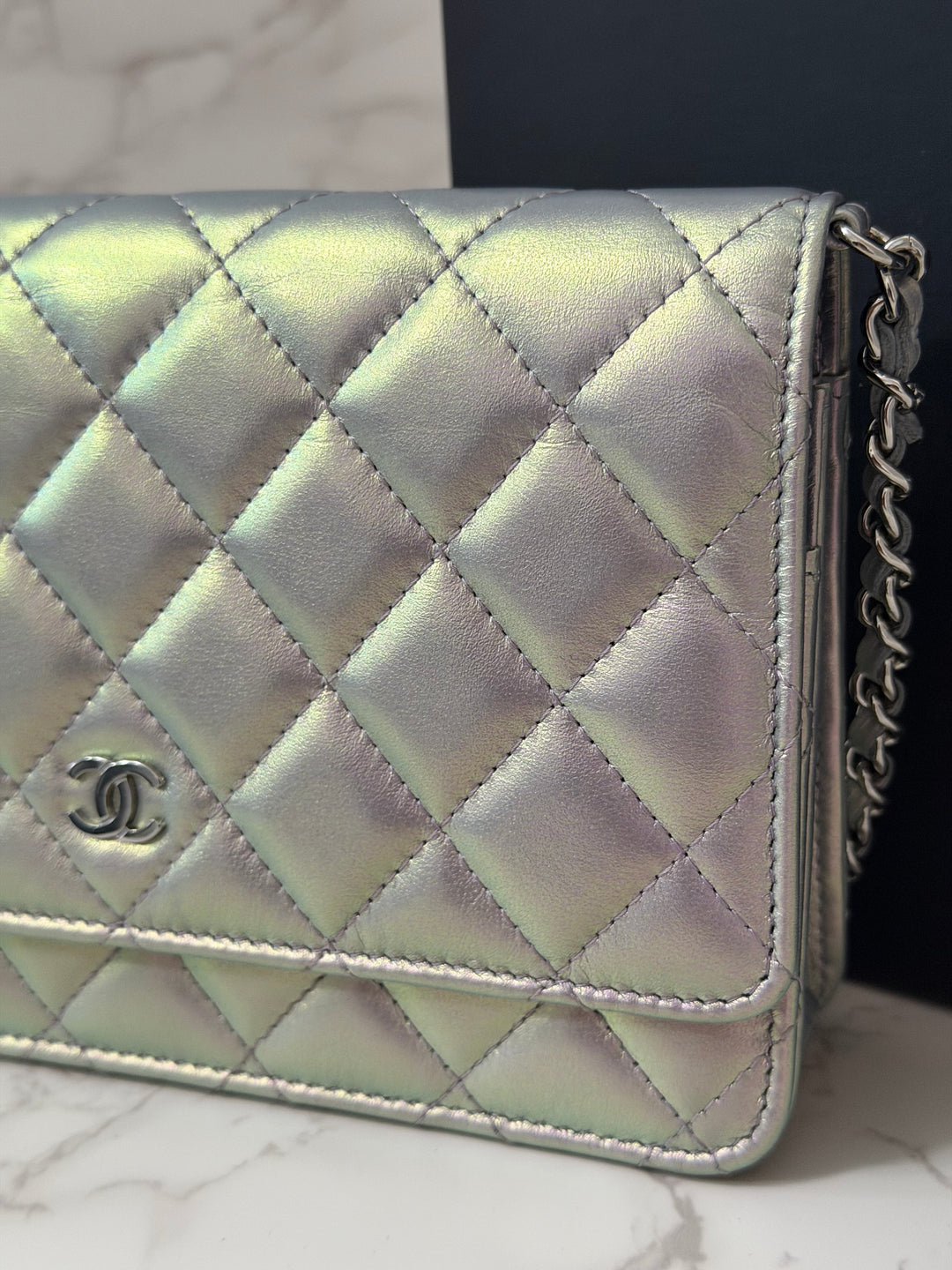 CHANEL 21K Silver Lambskin SHW Classic Wallet On Chain (WOC)
