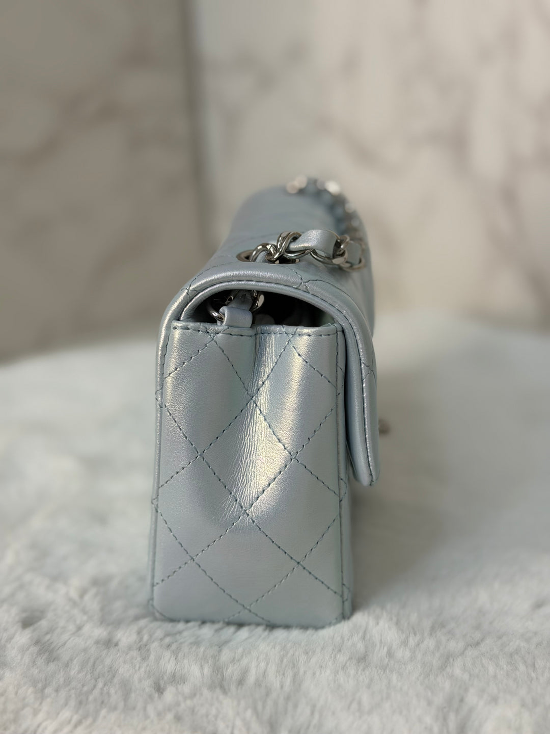 CHANEL 21K 2021 Iridescent light Blue Calf skin SHW Mini rectangular flap bag microchip