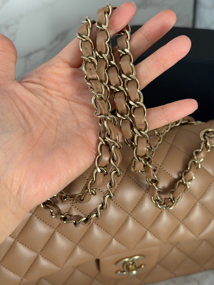 CHANEL 22K 2022 Dark Beige Lambskin LGHW Medium ML Timeless Classic Double Flap Bag