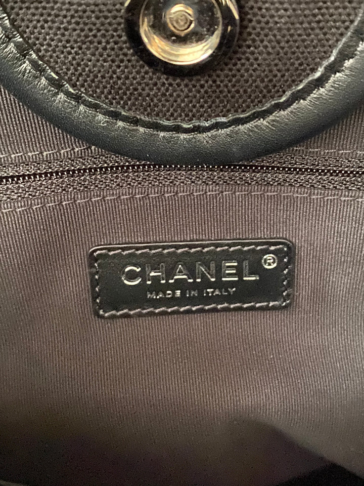 Chanel 23P 2023 collection in Black/White Stripe Canvas Deauville Tote with Top Handle and detachable pouch size Medium (15 inches)