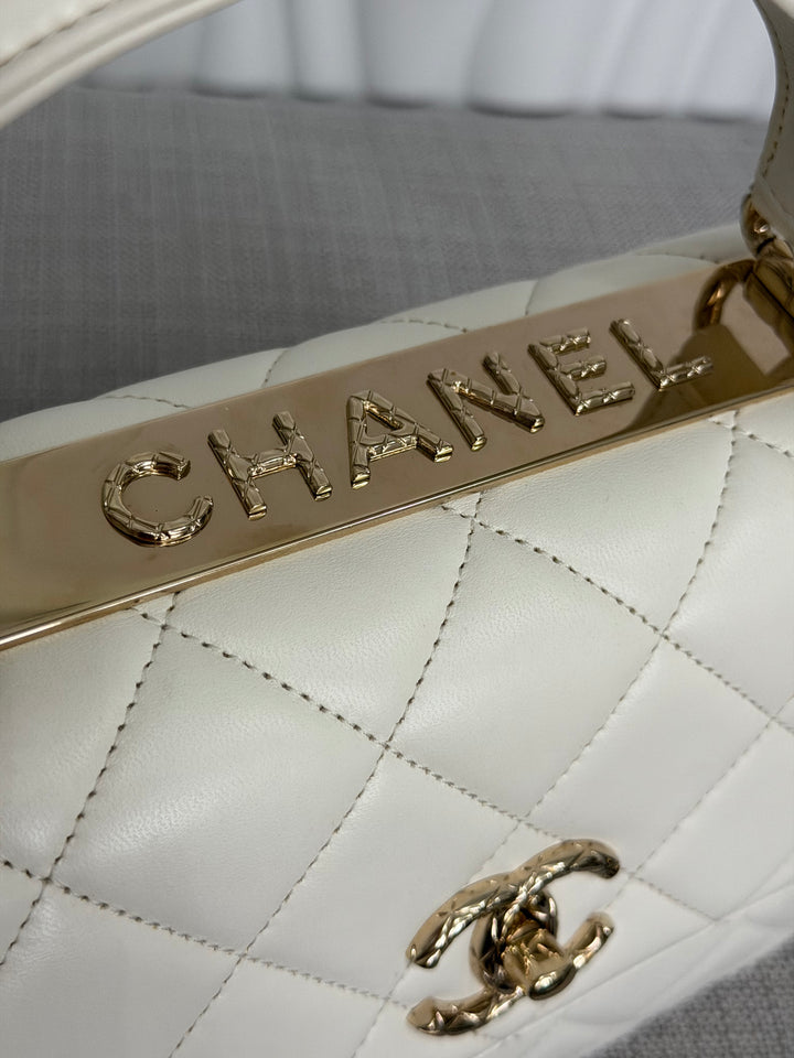 CHANEL 23S collection 2023 White Lambskin LGHW Trendy CC Flap Bag size Small with raised CHANEL Engraved Plate Top Handle