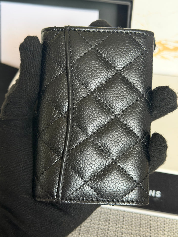 CHANEL Black Caviar LGHW Classic Flap Snap Card Holder