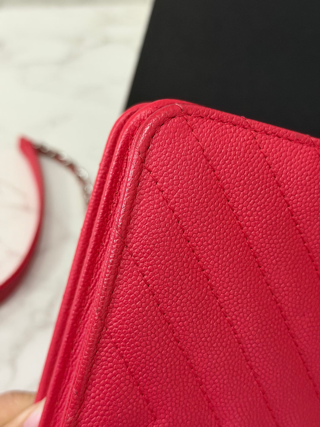 CHANEL series 25 2018 Dark pink chevron caviar SHW Square Wallet On Chain (WOC)