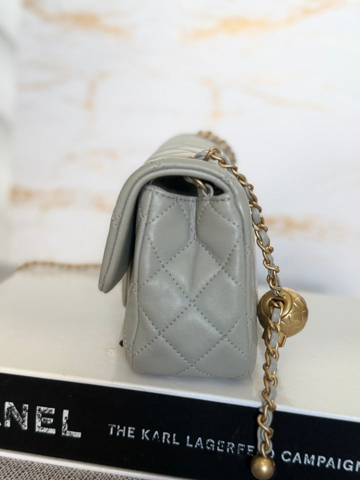 CHANEL Grey Lambskin Aged GHW Pearl Crush Adjustable Chain Mini Rectangular Flap Bag 2021