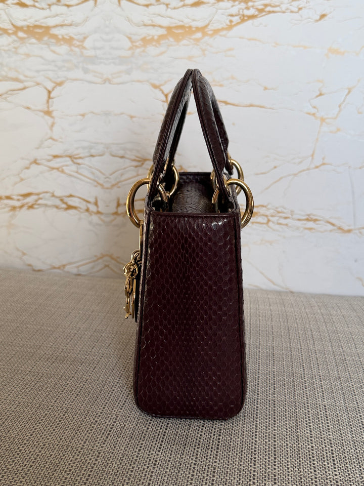 Dior Lady Dior MINI Burgundy Dark Red Python Leather 2018 LGHW