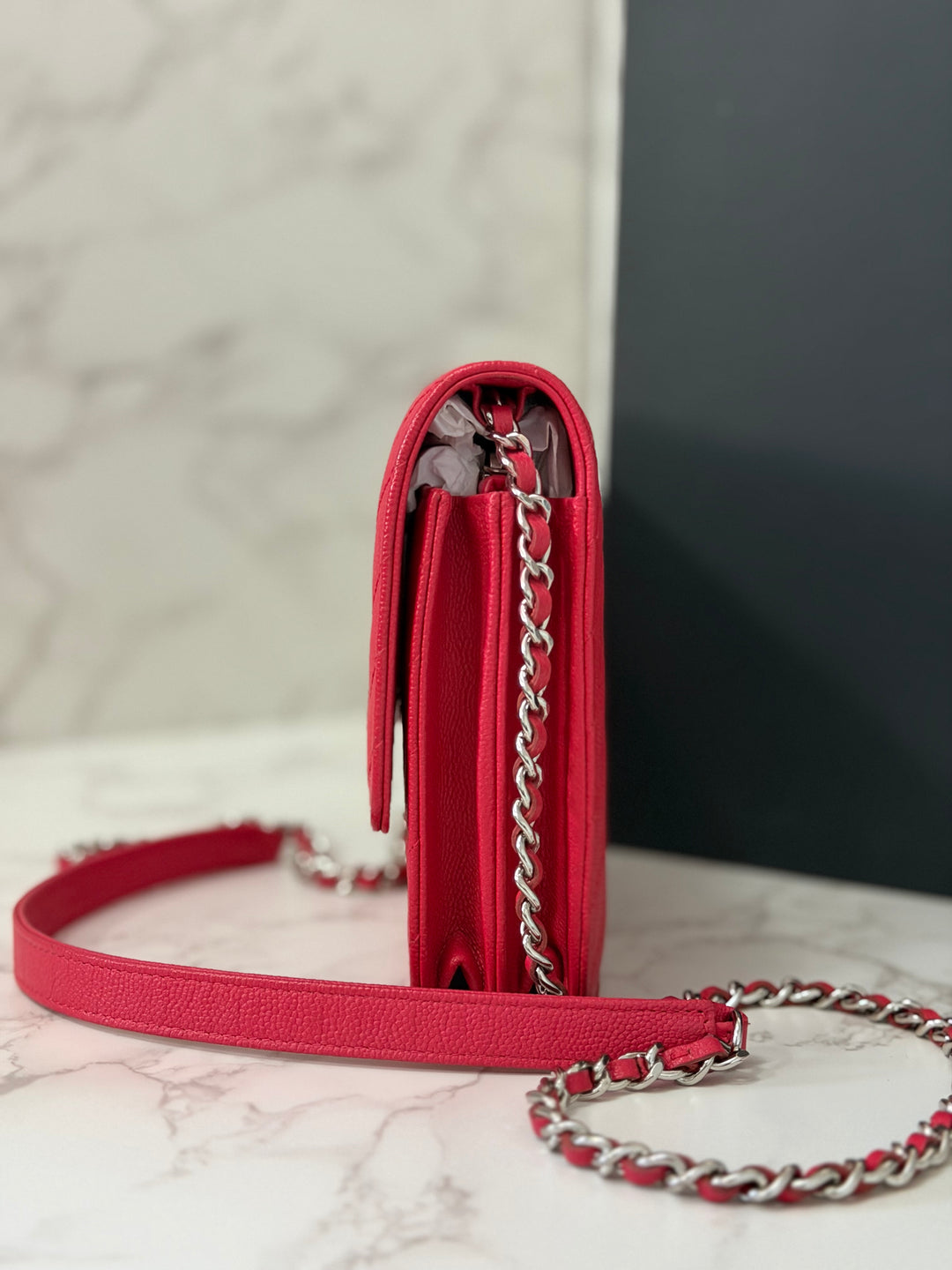 CHANEL series 25 2018 Dark pink chevron caviar SHW Square Wallet On Chain (WOC)