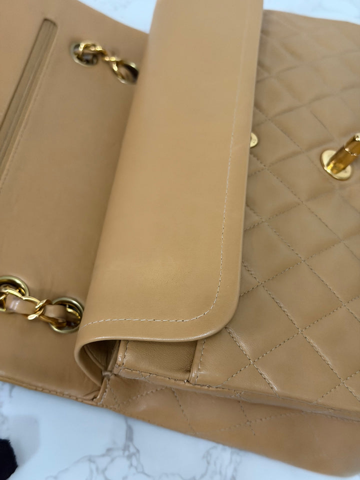 CHANEL series 4 Vintage 24K GHW Dark Beige Lambskin Timeless Classic Medium Double Flap Bag