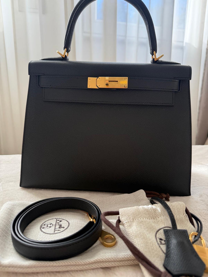 Hermès Kelly 28 Black Sellier Epsom Leather GHW Stamp B 2023 Kept unused Box fresh