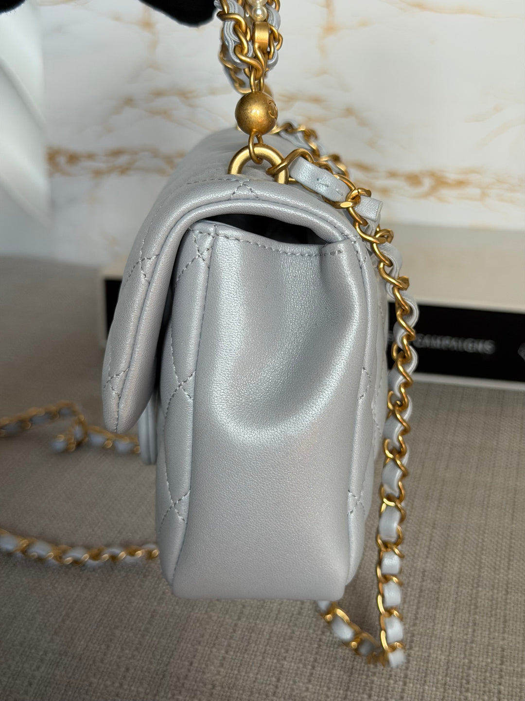 CHANEL Pearl Twist Pearly Light Blue Lambskin Mini Flap Bag 2023