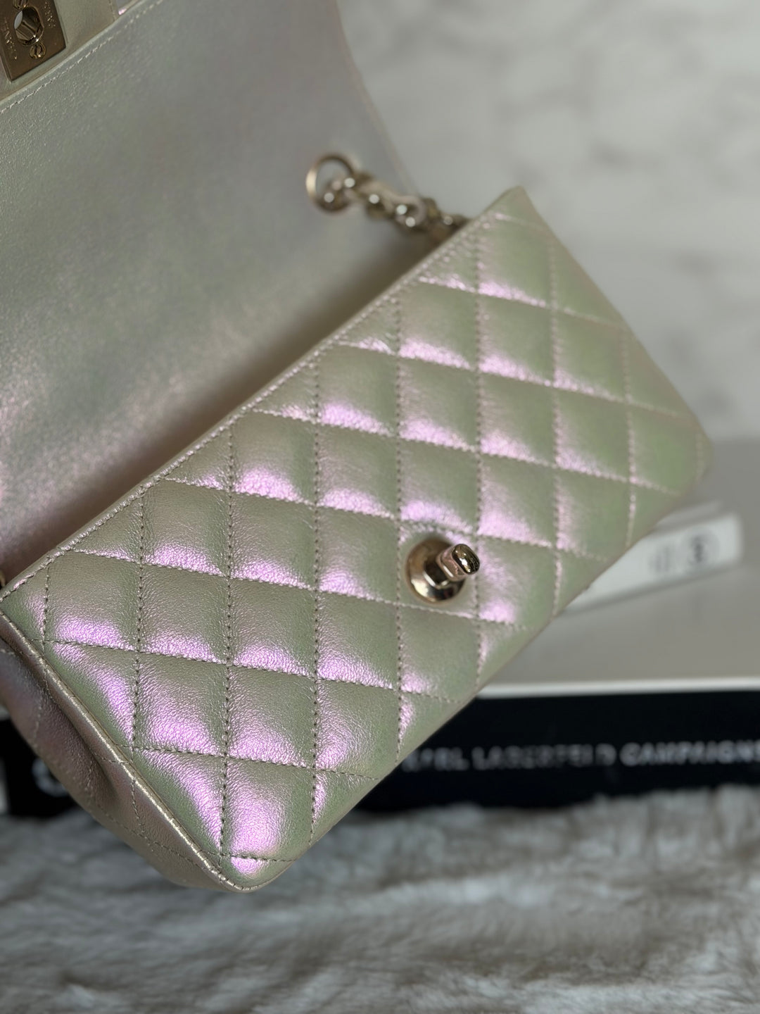 CHANEL 20B Iridescent Ivory Calf skin LGHW Mini Rectangular Flap Bag 2020