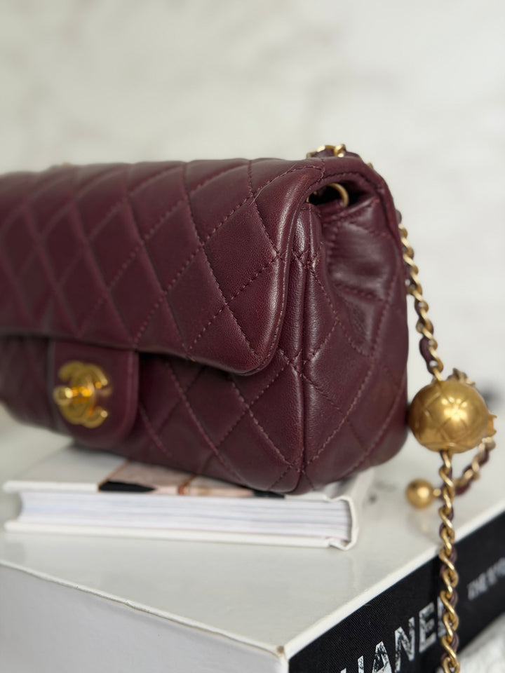 CHANEL 21B Burgundy Lambskin Aged GHW Pearl Crush Adjustable Chain Mini rectangular flap Bag 2021