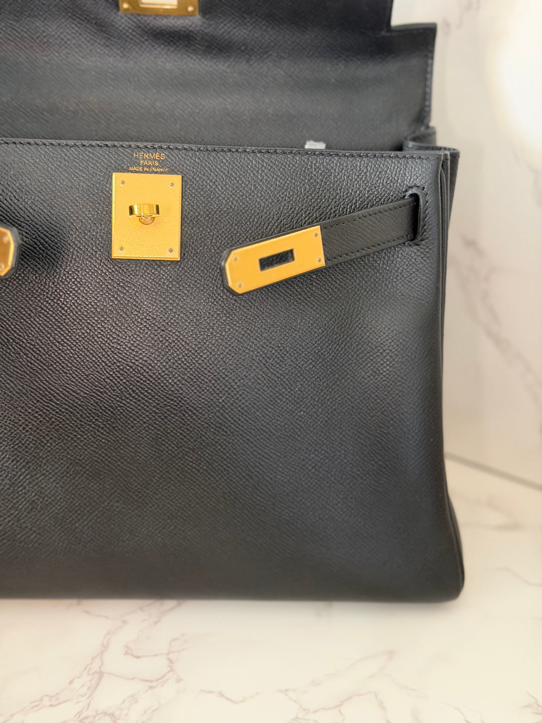 Hermes Noir/Black Epsom Leather GHW Kelly 28 stamp N 2010