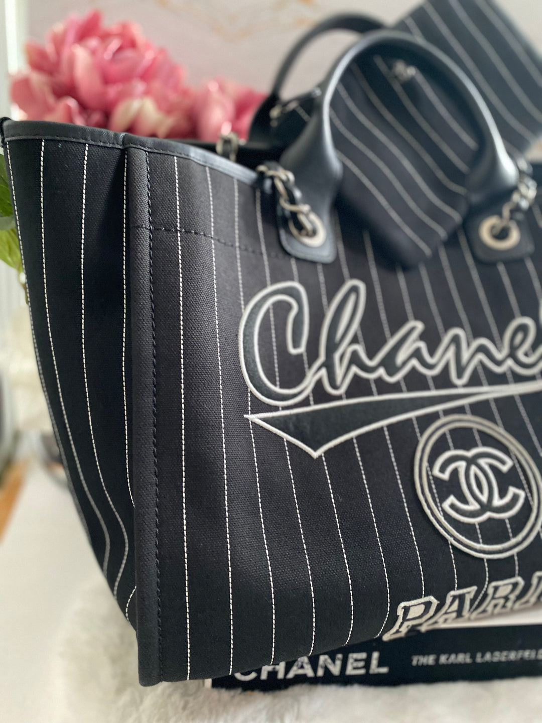 Chanel 23P 2023 collection in Black/White Stripe Canvas Deauville Tote with Top Handle and detachable pouch size Medium (15 inches)