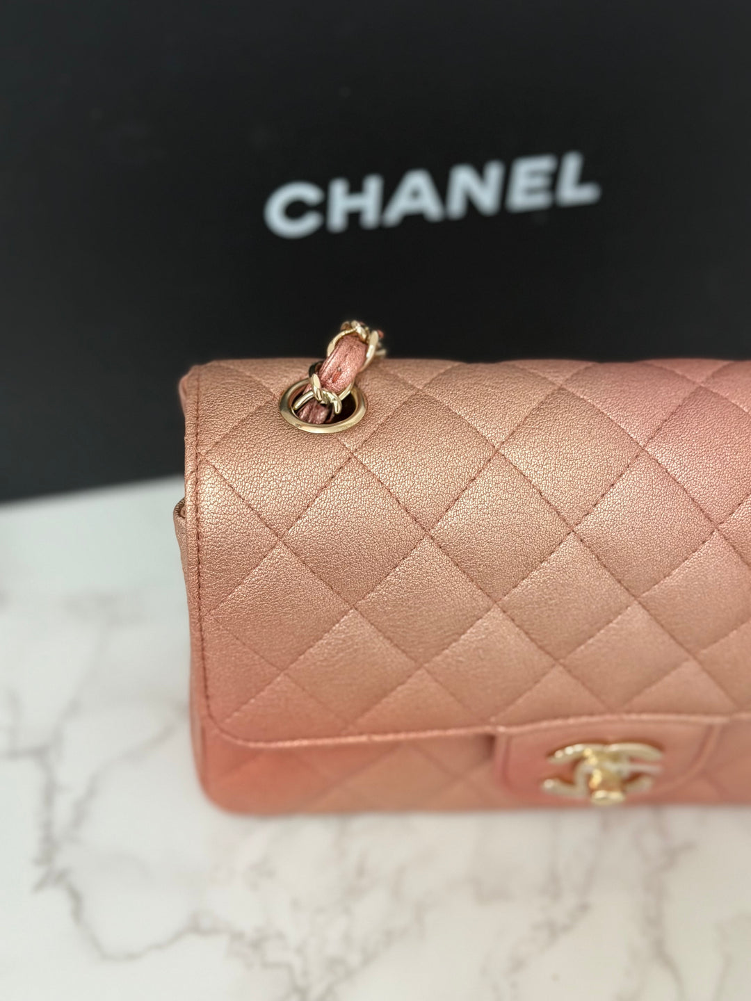 CHANEL 21S Ombré Rose Gold Metallic Copper Lambskin LGHW Mini Rectangular Flap Bag 2021
