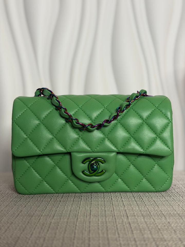 CHANEL series 31 21P Two Tone Green Blue Lambskin Rainbow Iridescent Hardware Mini Rectangular Flap Bag 2021