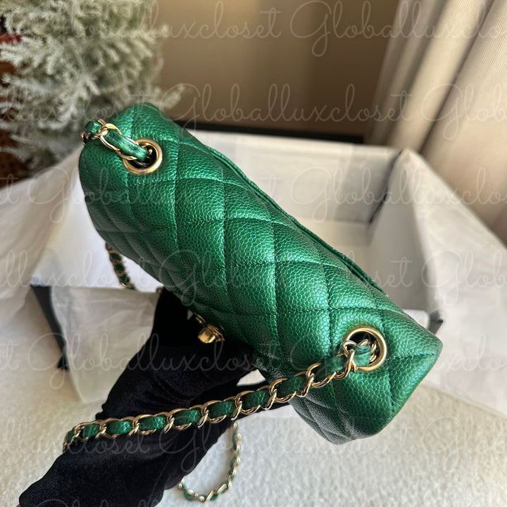 CHANEL 18S Series 25 Emerald Green Caviar LGHW Mini rectangular flap bag 2018 RARE UNICORN FIND