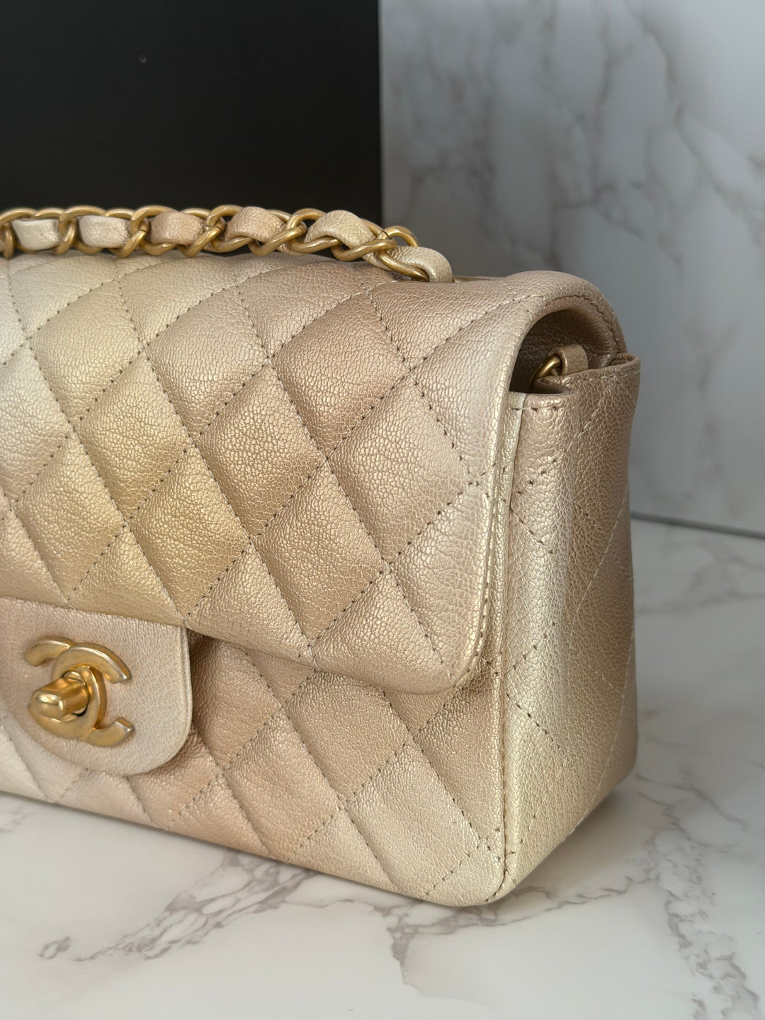 CHANEL 22P Gold Silver Ombré Goat skin Mini Rectangular Flap Bag with Aged GHW 2022