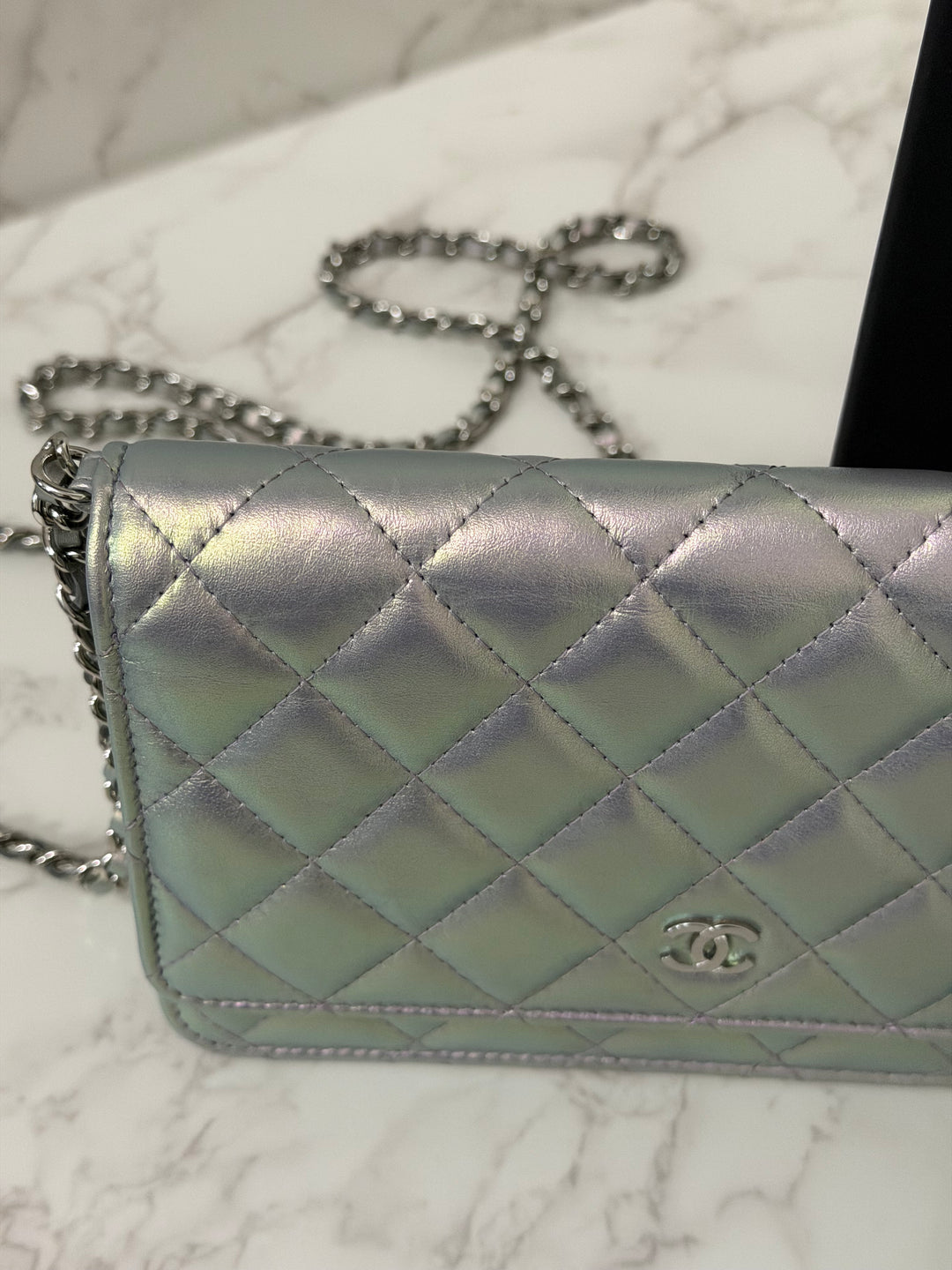 CHANEL 21K Silver Lambskin SHW Classic Wallet On Chain (WOC)