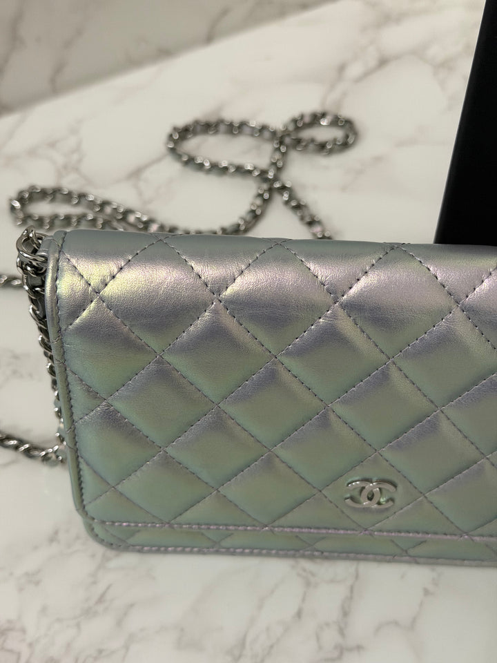 CHANEL 21K Silver Lambskin SHW Classic Wallet On Chain (WOC)