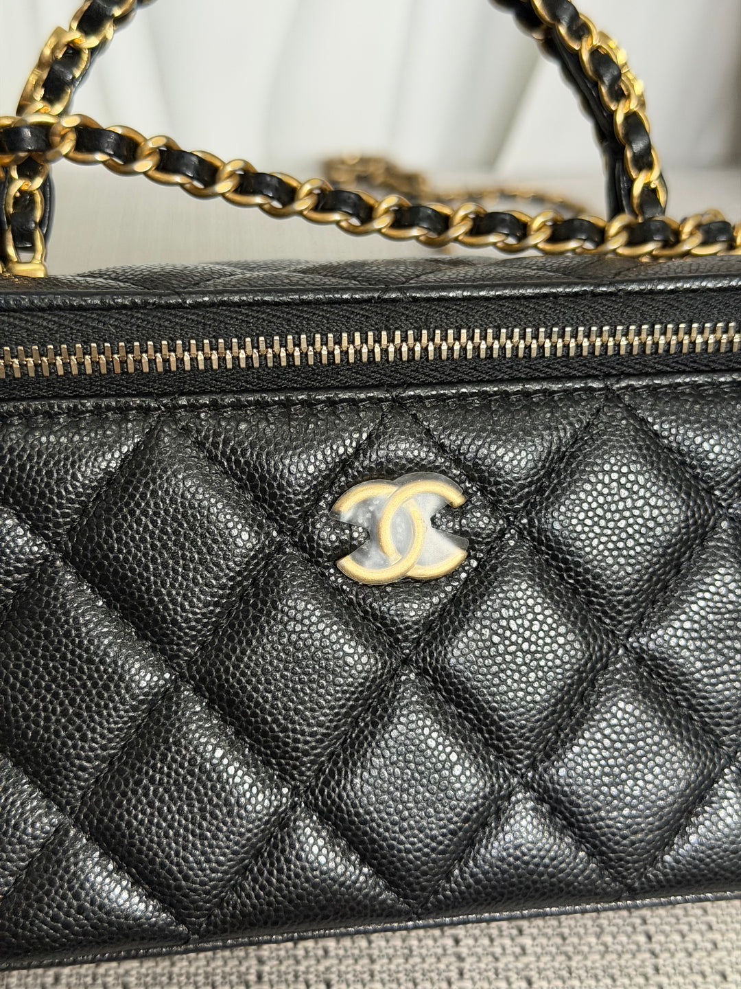 CHANEL Black Caviar Metal Top Handle Small Vanity with Chain 2025 Aged GHW