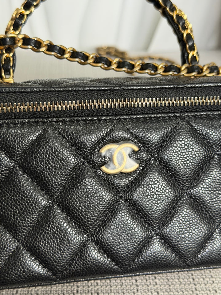 CHANEL Black Caviar Metal Top Handle Small Vanity with Chain 2025 Aged GHW
