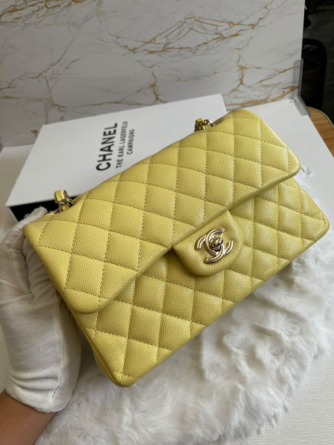 Chanel 20S 2020 Spring/Summer Collection Yellow Caviar LGHW Small Timeless Classic Double Flap Bag