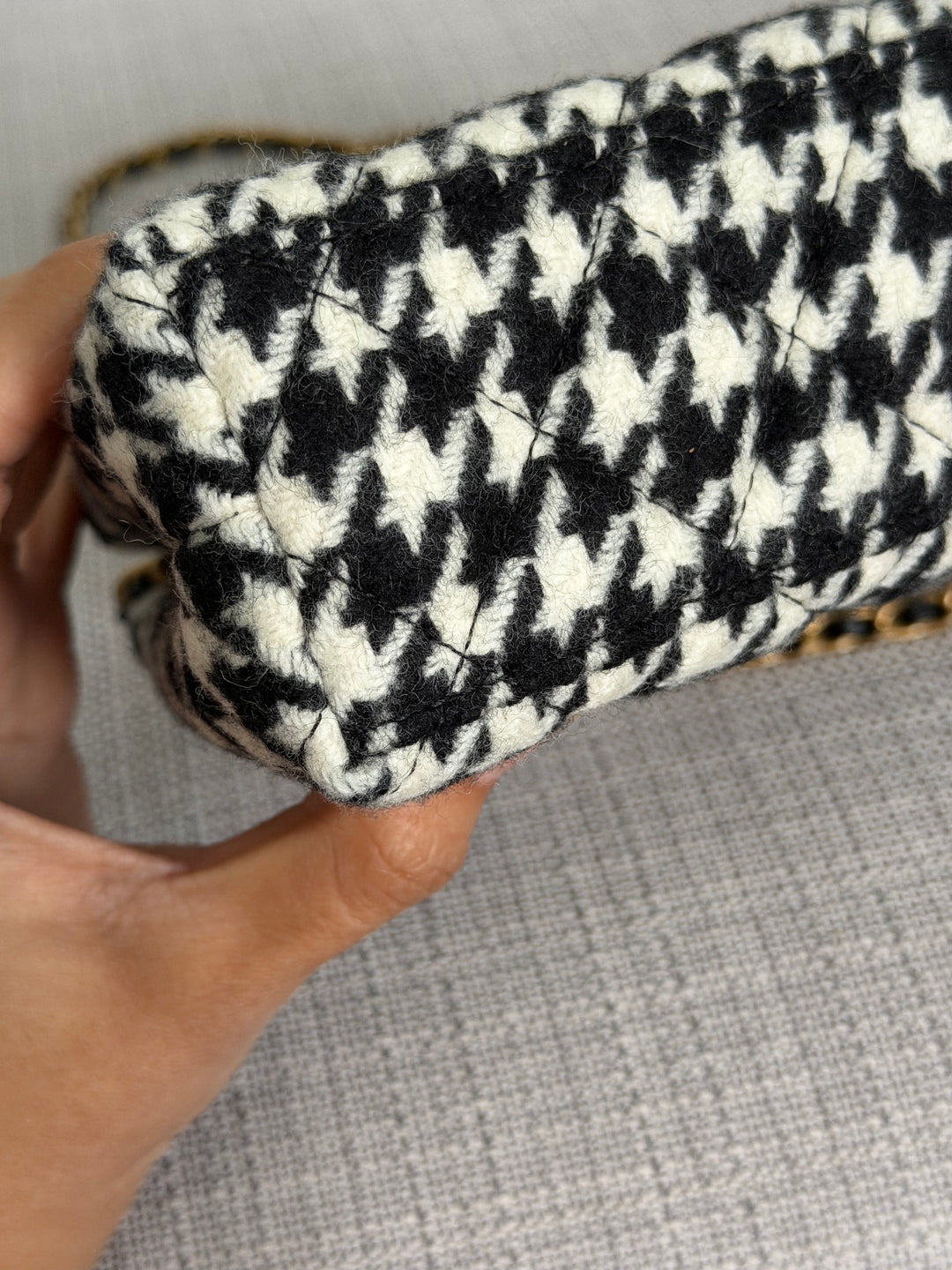 CHANEL 24A 2024 Black and White Houndstooth Tweed Kelly Small Shopping Bag with Chain Aged GHW