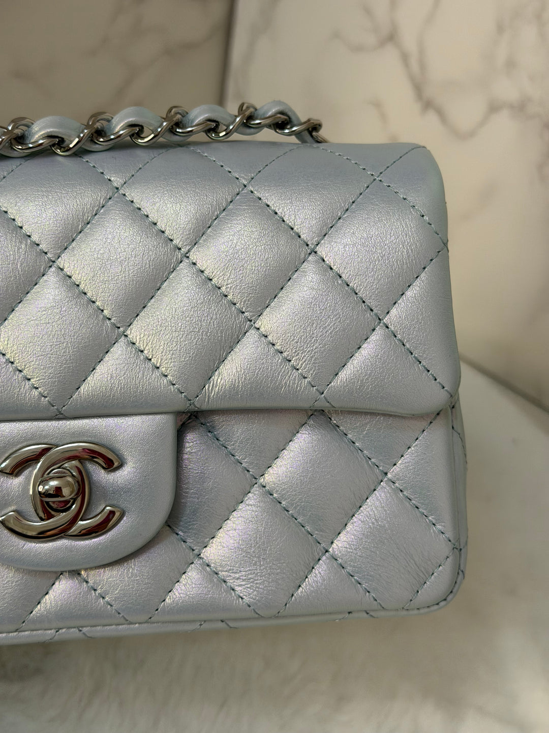 CHANEL 21K 2021 Iridescent light Blue Calf skin SHW Mini rectangular flap bag microchip
