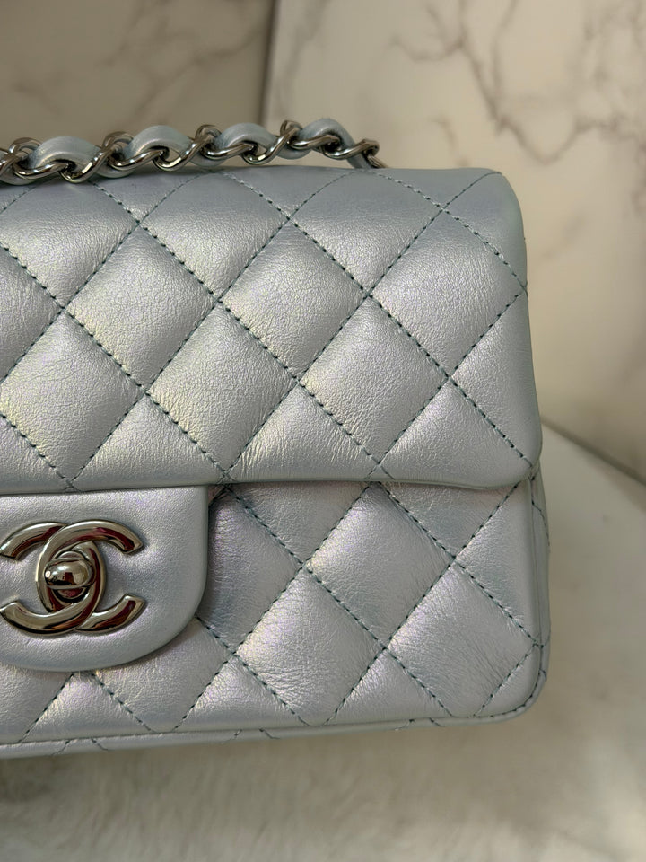 CHANEL 21K 2021 Iridescent light Blue Calf skin SHW Mini rectangular flap bag microchip