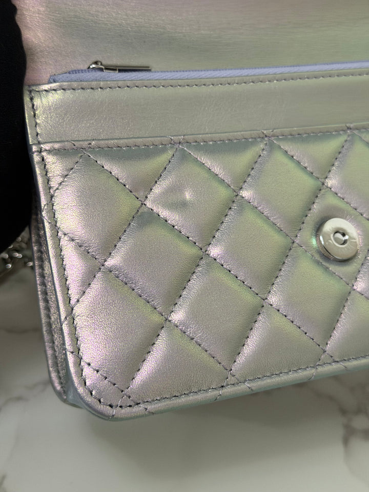 CHANEL 21K Silver Lambskin SHW Classic Wallet On Chain (WOC)