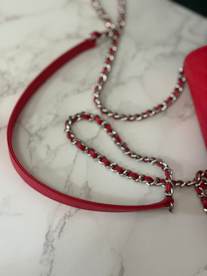 CHANEL series 25 2018 Dark pink chevron caviar SHW Square Wallet On Chain (WOC)