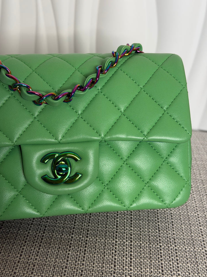 CHANEL series 31 21P Two Tone Green Blue Lambskin Rainbow Iridescent Hardware Mini Rectangular Flap Bag 2021